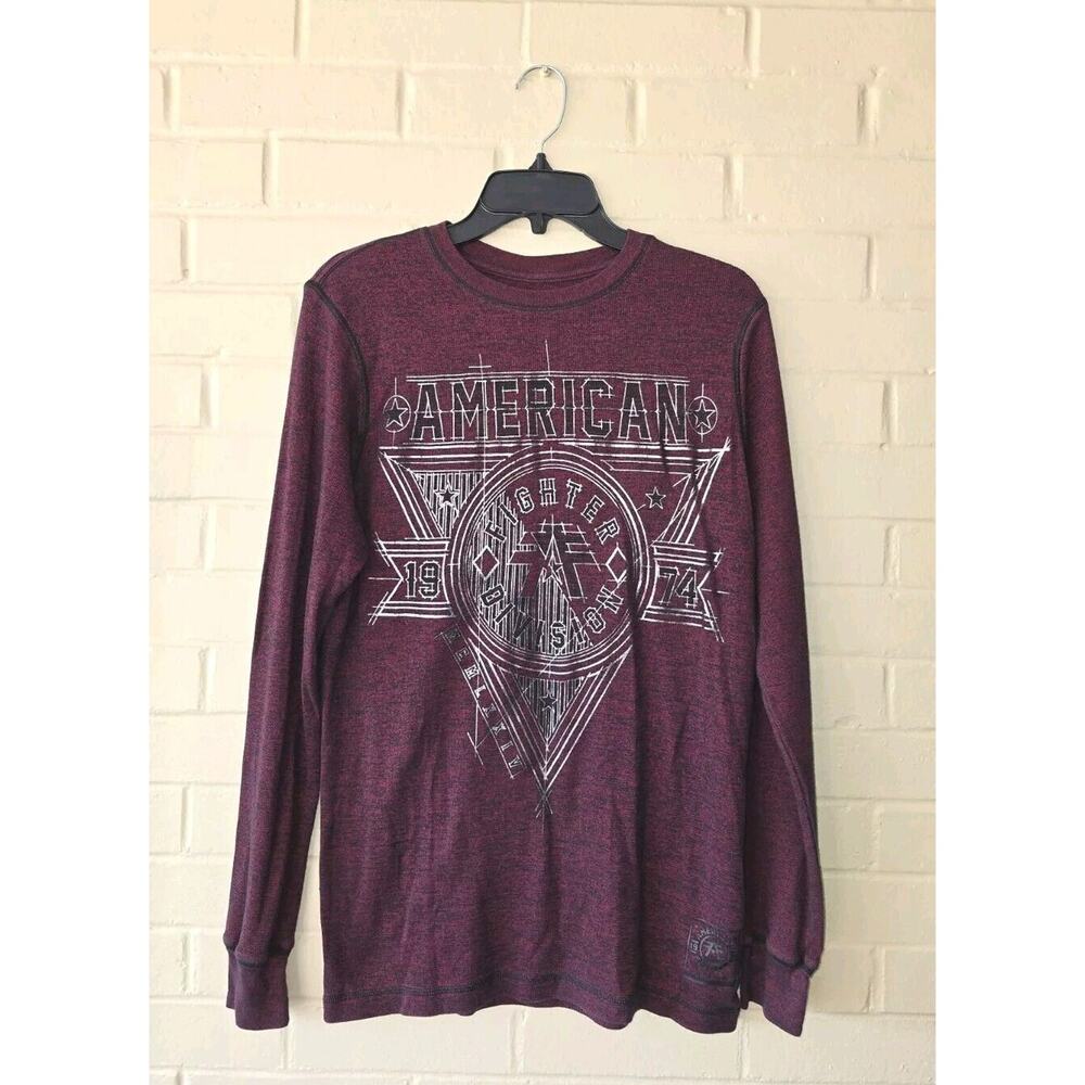 Men's American Fighter Long Sleeve Thermal Graphic T Shirt Maroon Buckle Size M